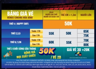 Bảng Giá Vé Rạp Venus Cinema Hòa Bình áp dụng từ 17/2/2021